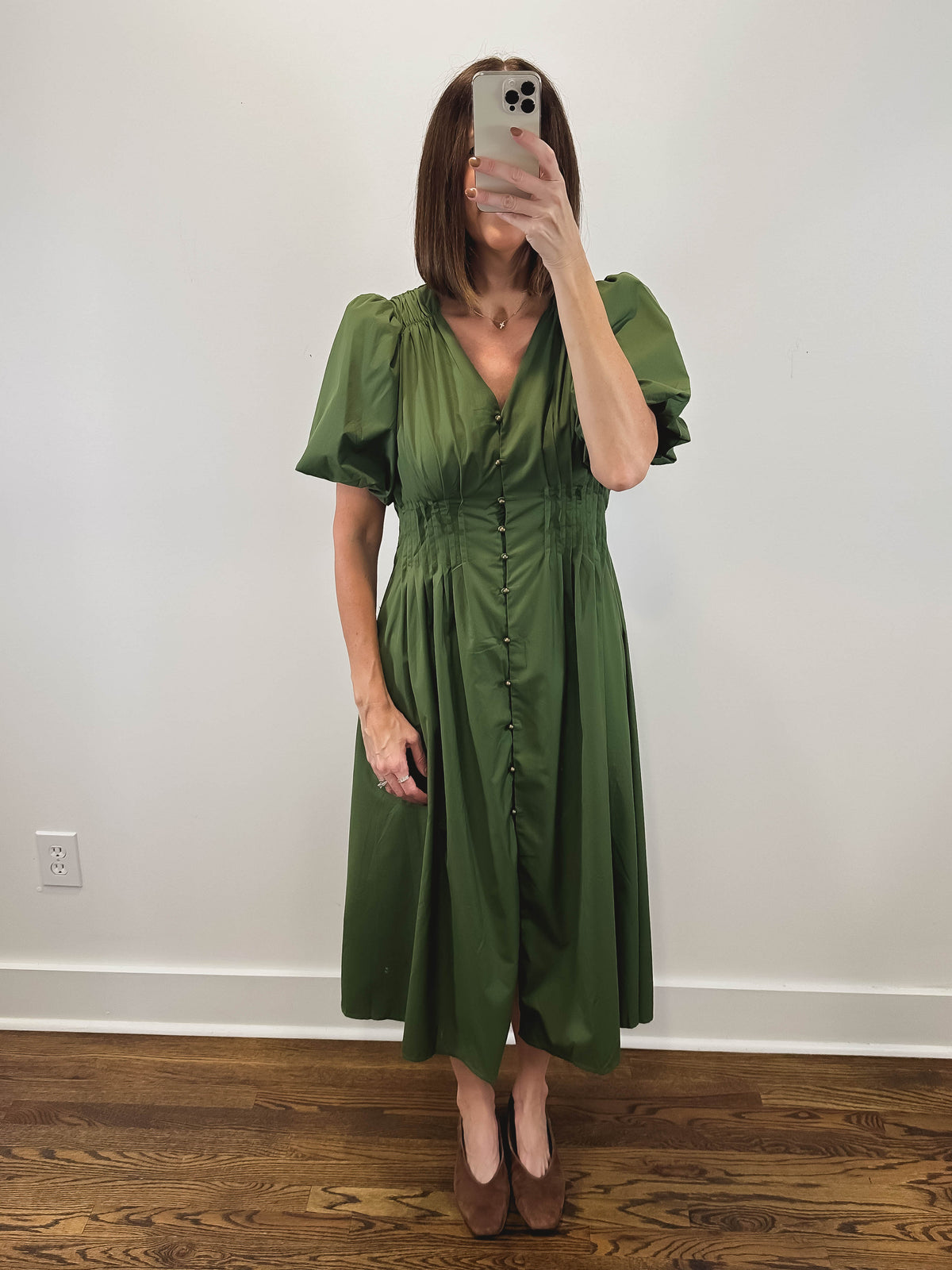 The Olive Dress | Green Puff Sleeve Midi Dress
