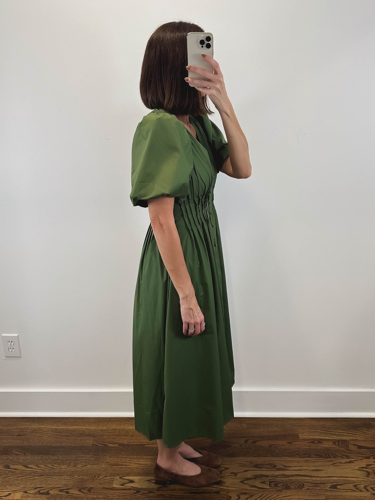 The Olive Dress | Green Puff Sleeve Midi Dress