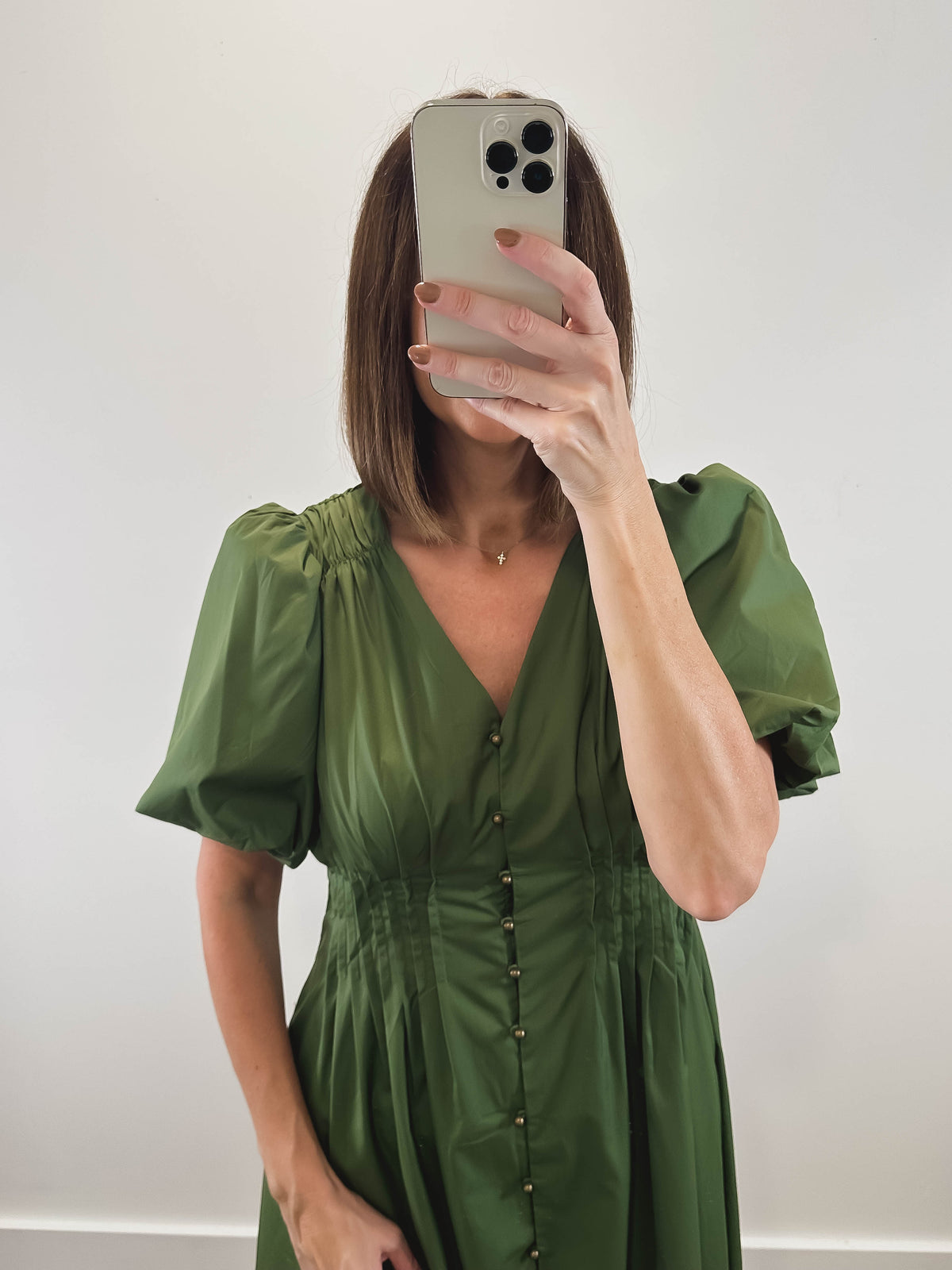 The Olive Dress | Green Puff Sleeve Midi Dress