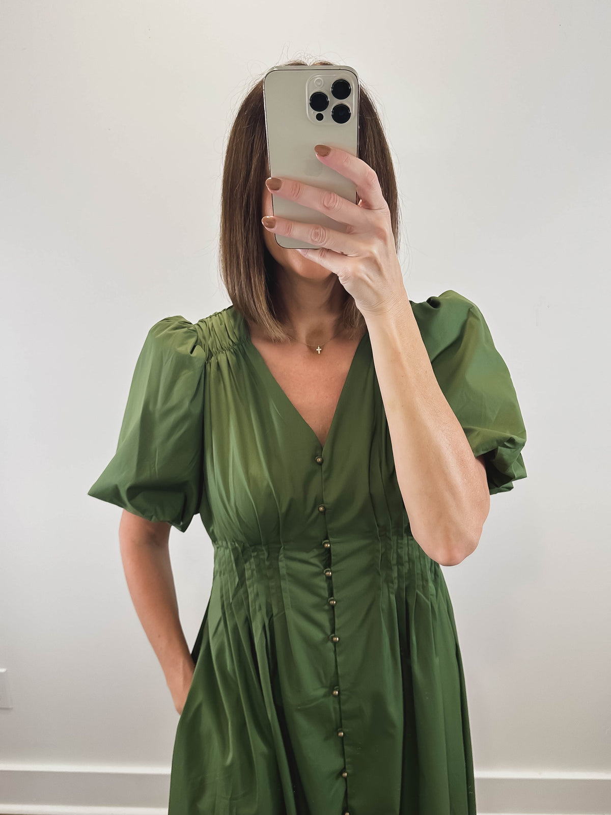 The Olive Dress | Green Puff Sleeve Midi Dress