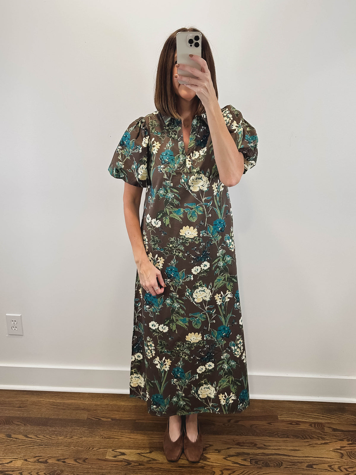 The Wildwood Dress | Brown Floral Puff Sleeve Midi Dress