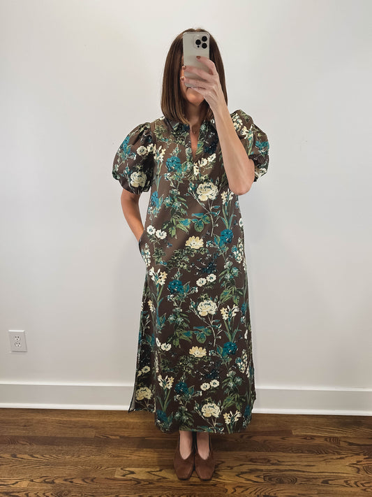The Wildwood Dress | Brown Floral Puff Sleeve Midi Dress