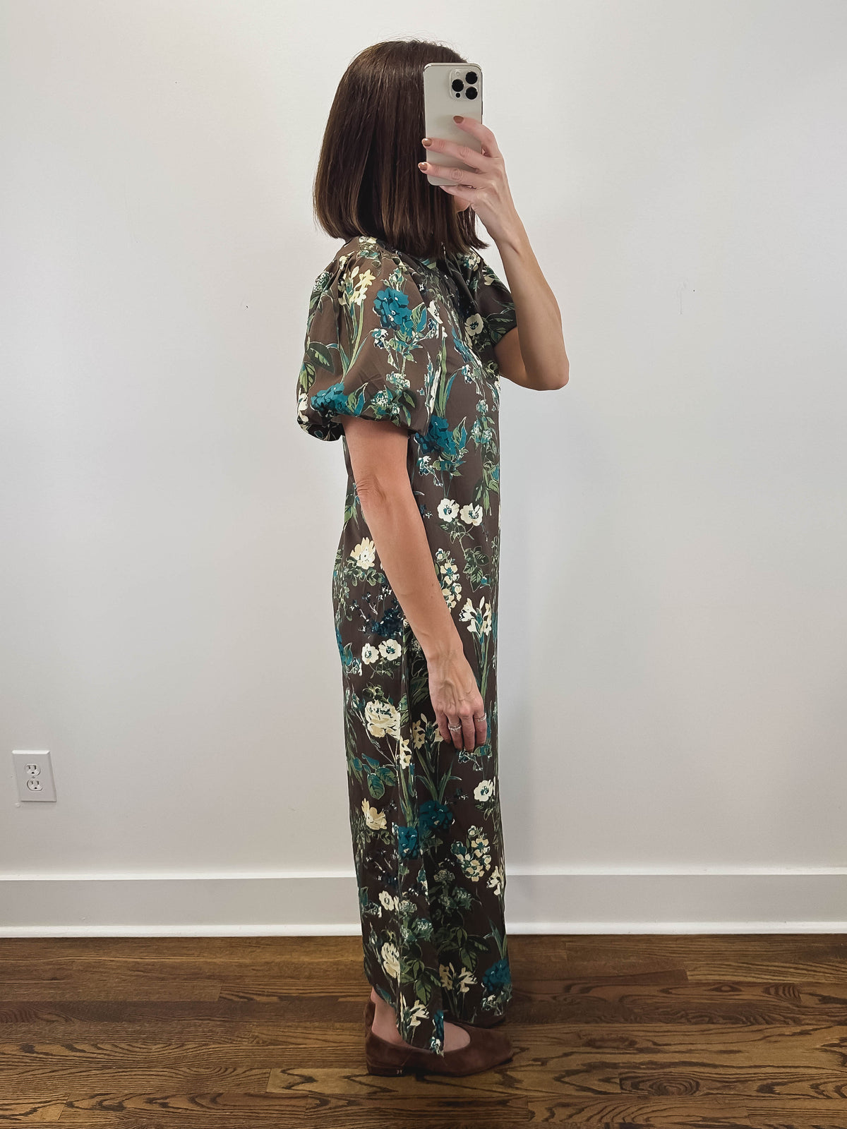 The Wildwood Dress | Brown Floral Puff Sleeve Midi Dress