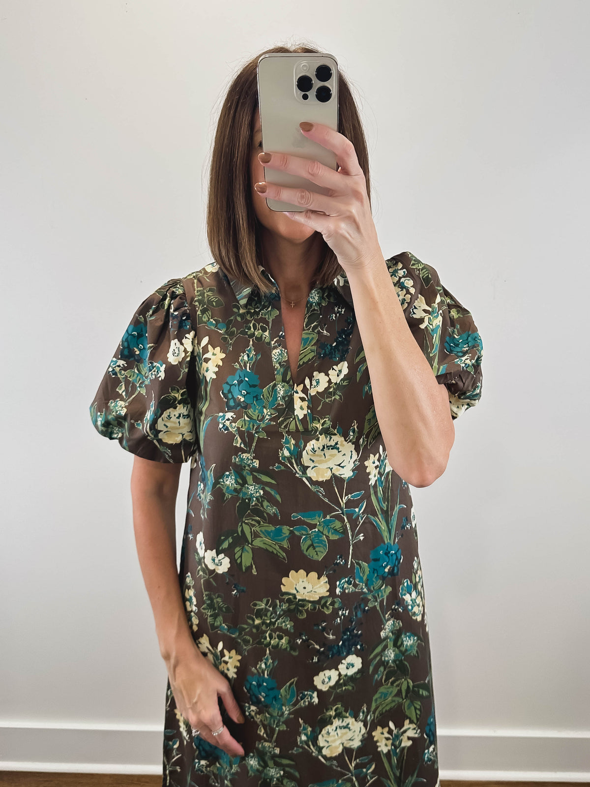 The Wildwood Dress | Brown Floral Puff Sleeve Midi Dress