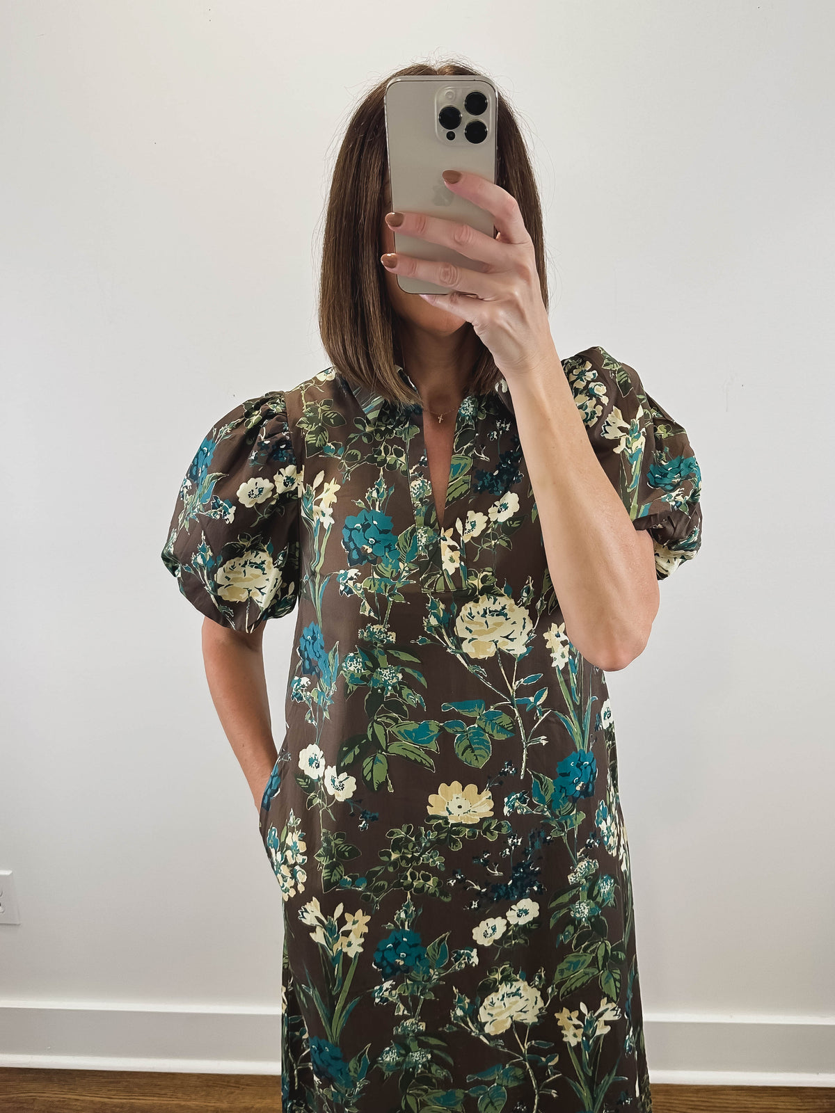 The Wildwood Dress | Brown Floral Puff Sleeve Midi Dress