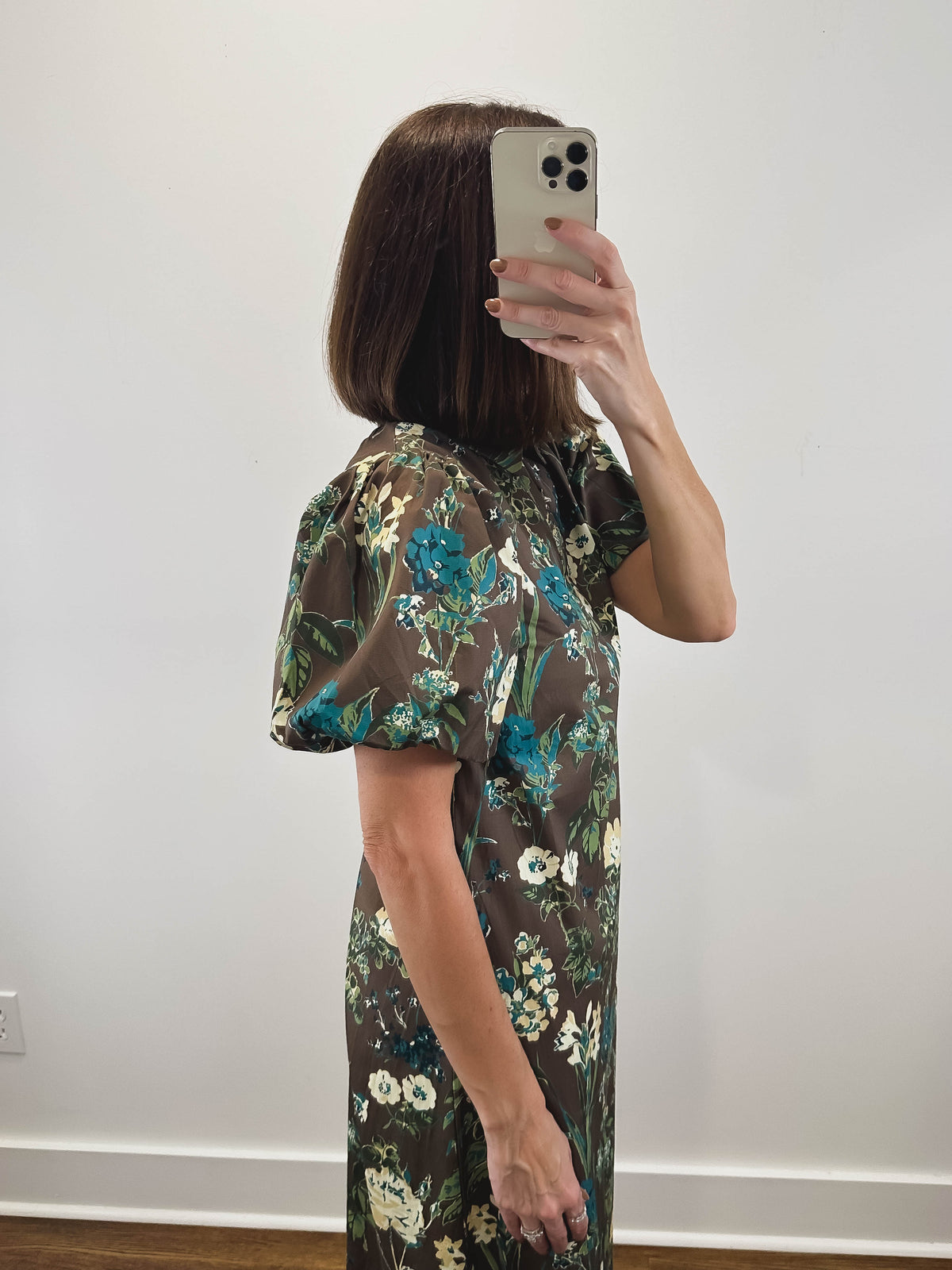 The Wildwood Dress | Brown Floral Puff Sleeve Midi Dress