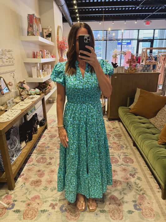 The Petal Meadow Dress in Blue/Green
