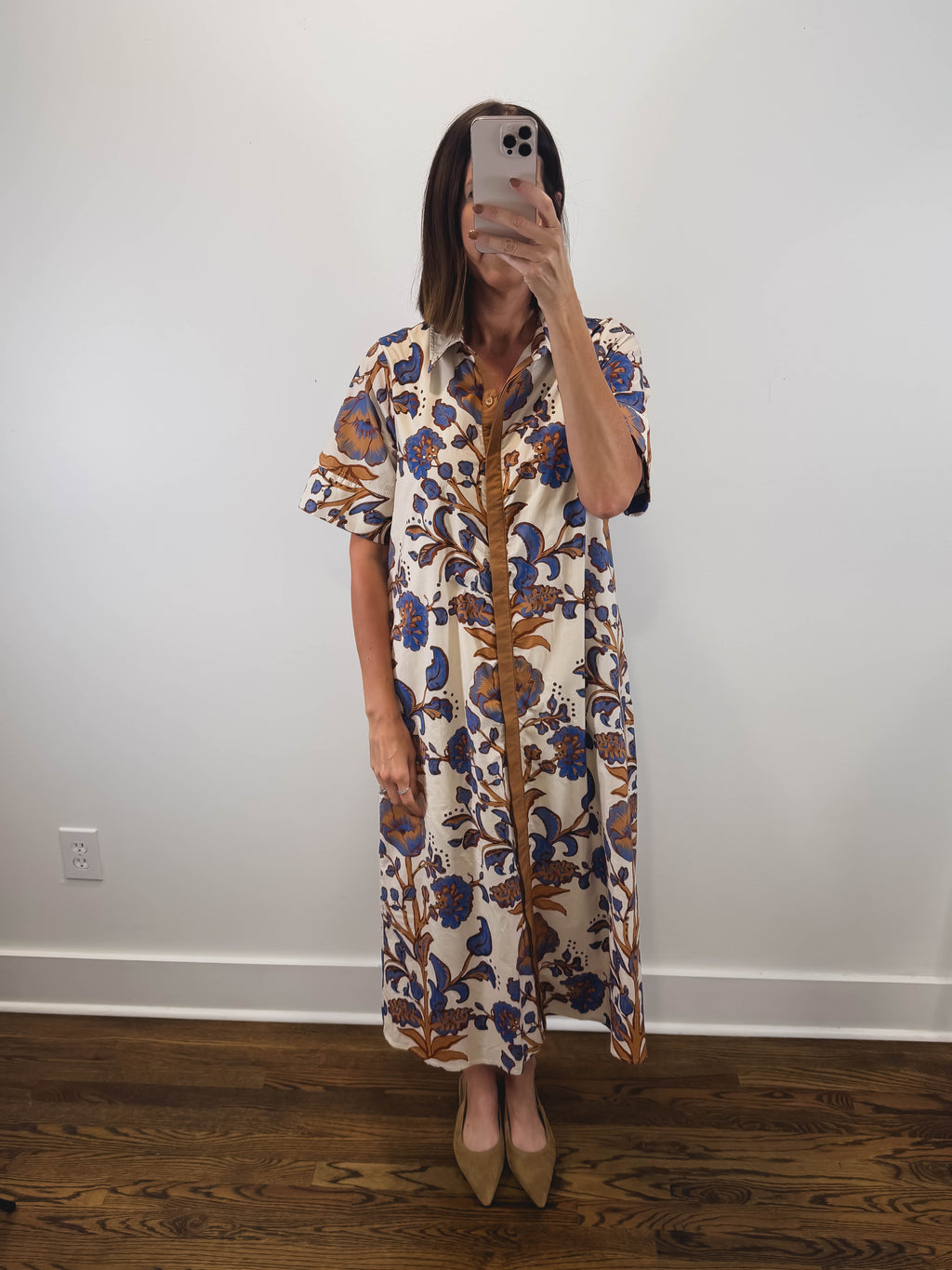 The Amber Bloom Dress | Cream Botanical Midi Shirt Dress