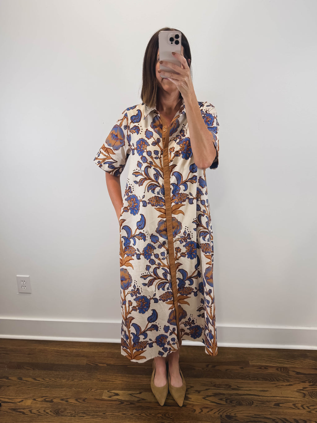 The Amber Bloom Dress | Cream Botanical Midi Shirt Dress