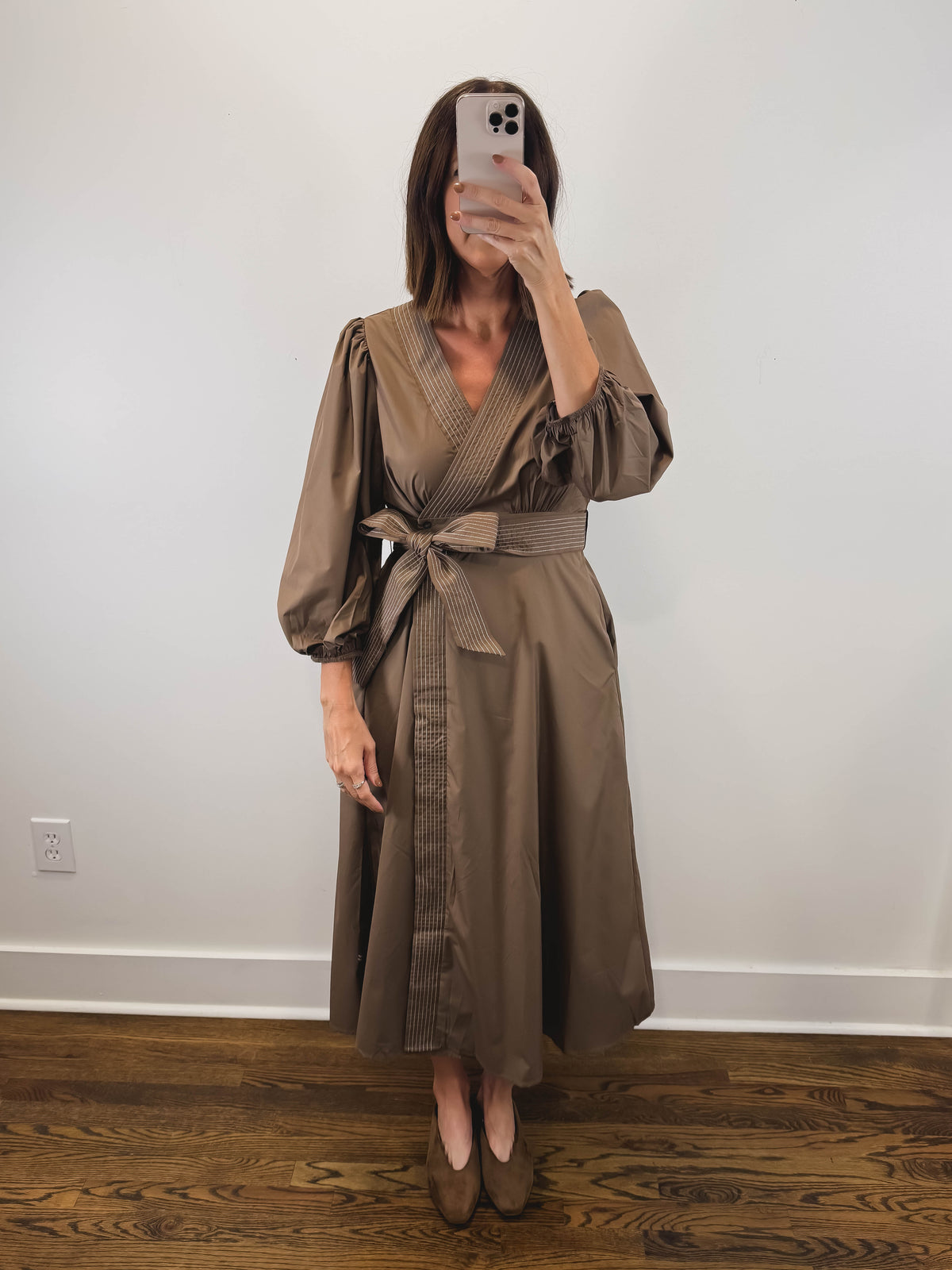 The Cognac Dress | Brown Balloon Sleeve Wrap Midi Dress