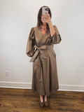 The Cognac Dress | Brown Balloon Sleeve Wrap Midi Dress