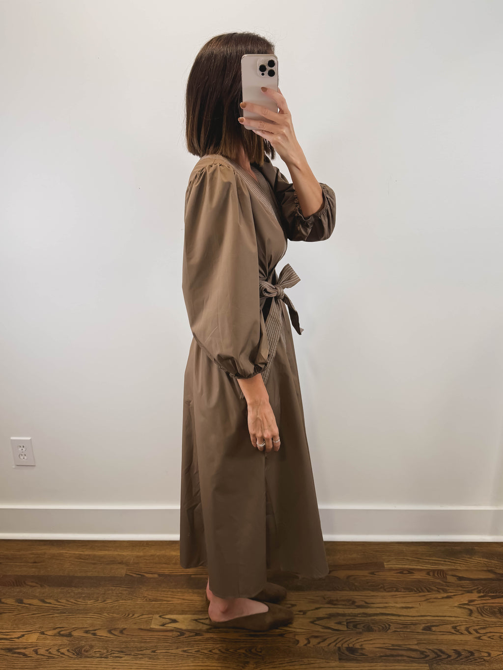 The Cognac Dress | Brown Balloon Sleeve Wrap Midi Dress