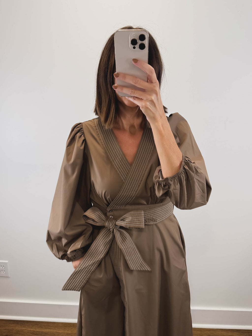 The Cognac Dress | Brown Balloon Sleeve Wrap Midi Dress