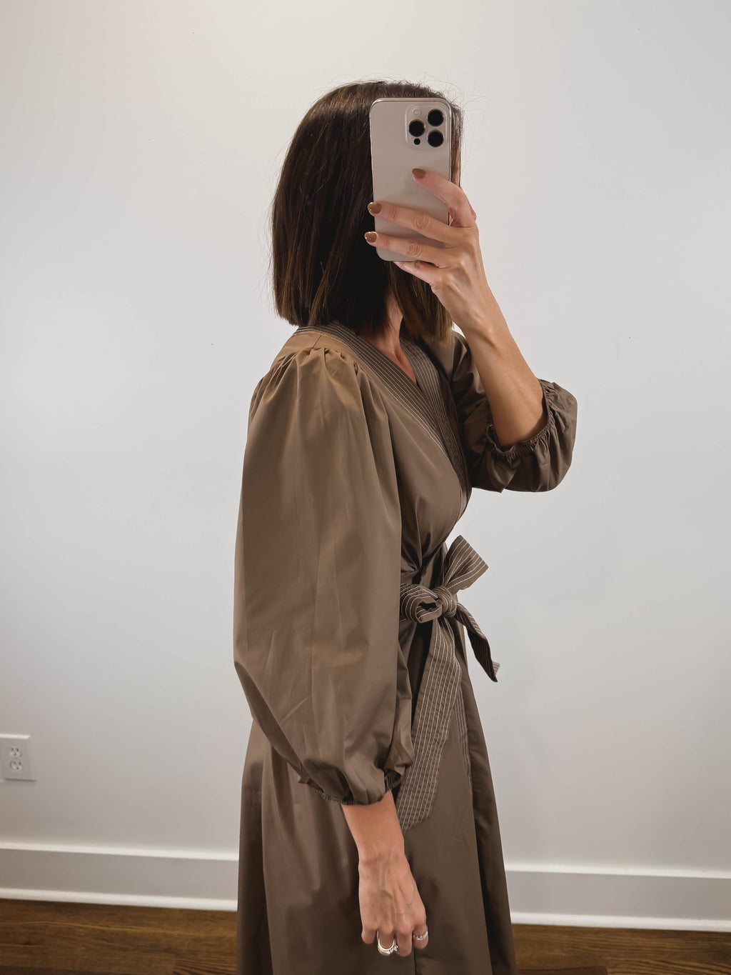The Cognac Dress | Brown Balloon Sleeve Wrap Midi Dress