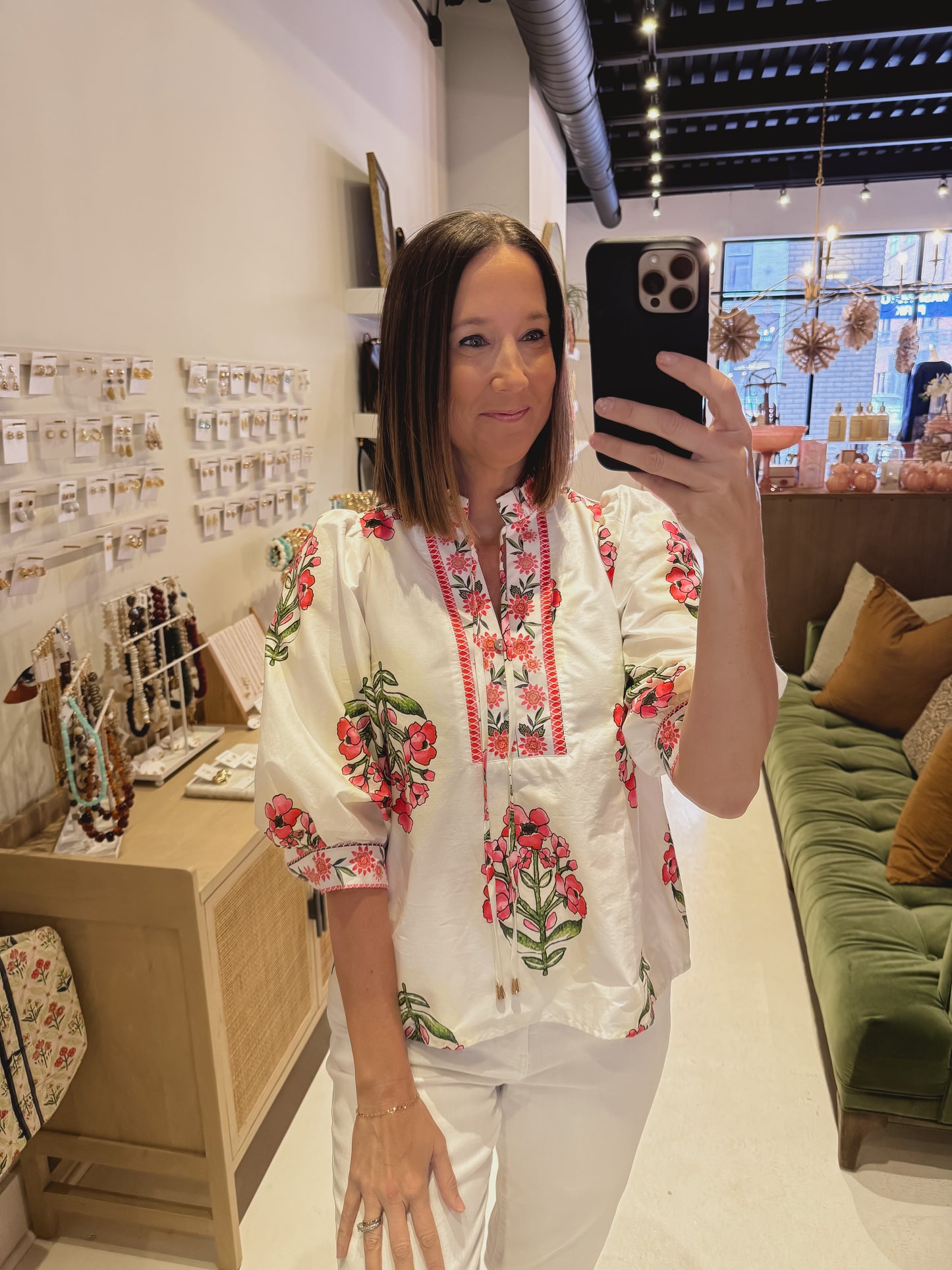White and Pink Floral Blouse