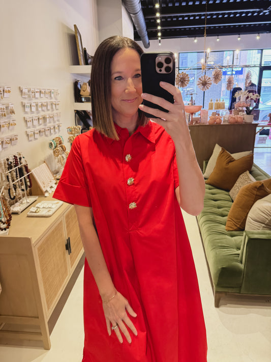 The Gold Button Dress in Red