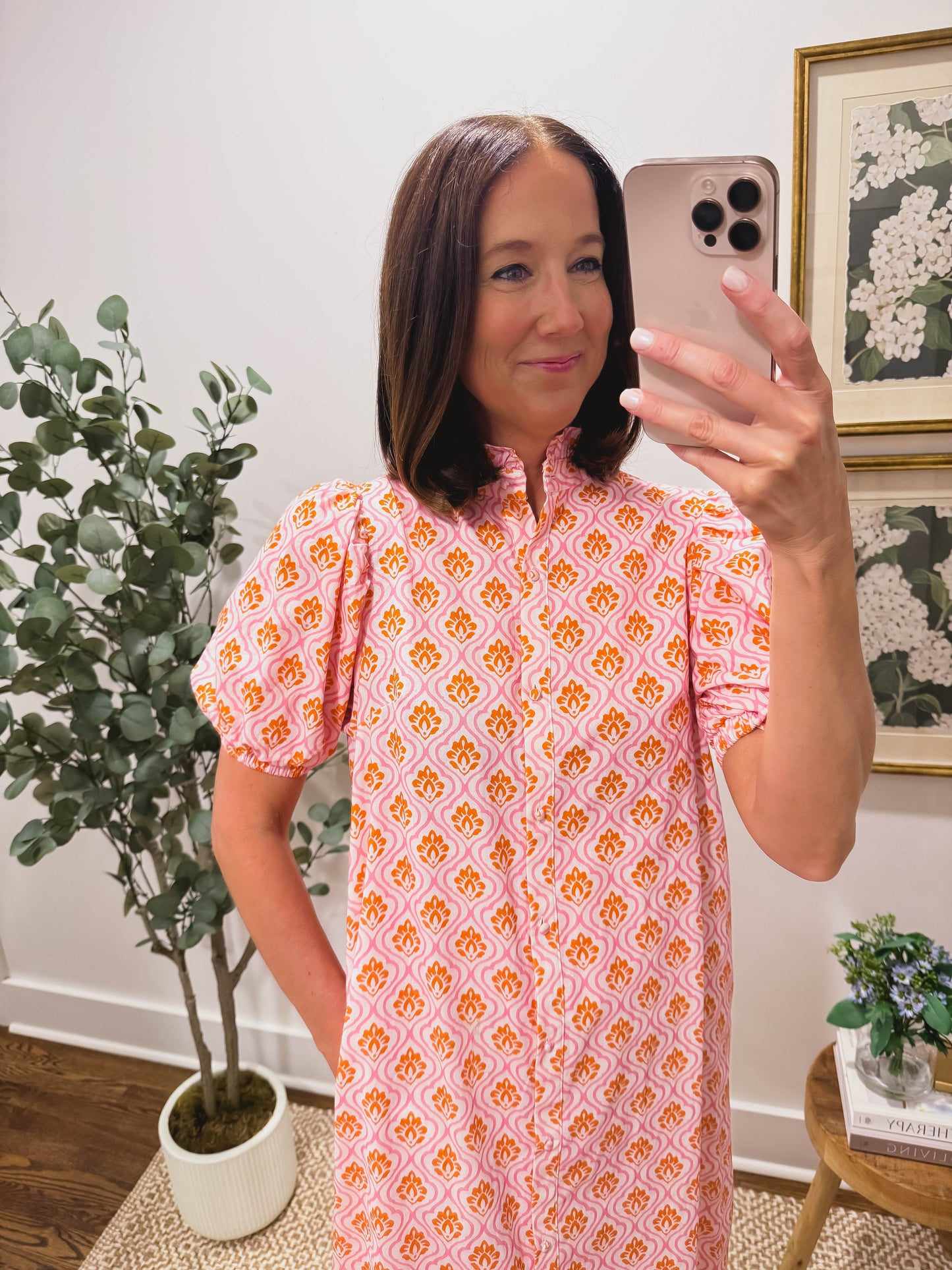 Harbor Tile Shirt Dress in Pink/Orange