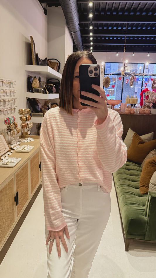 The Piper Cardigan in Mini Pink Stripes