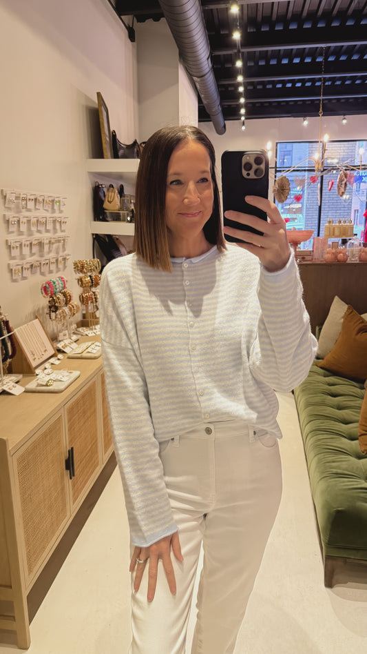 The Piper Cardigan in Mini Blue Stripes