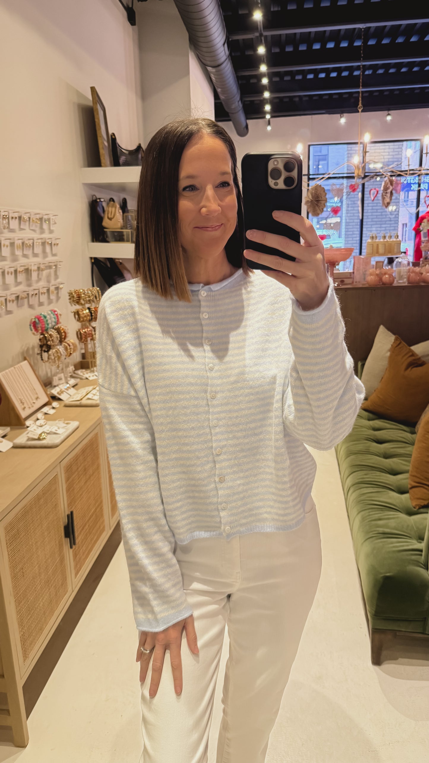 The Piper Cardigan in Mini Blue Stripes