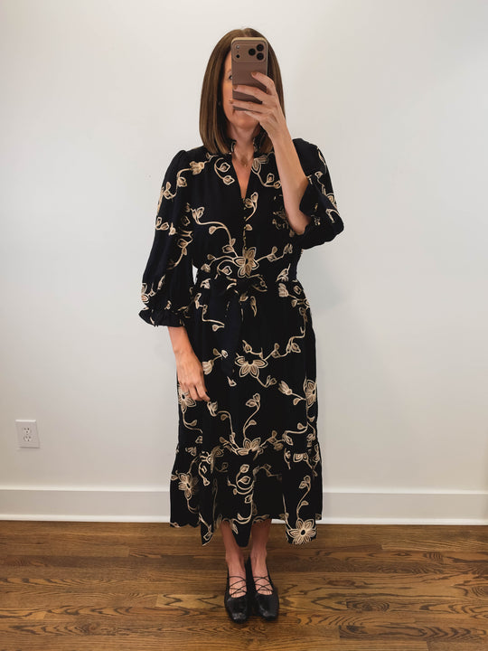 The Gilded Vine Dress | Black Embroidered Midi Dress
