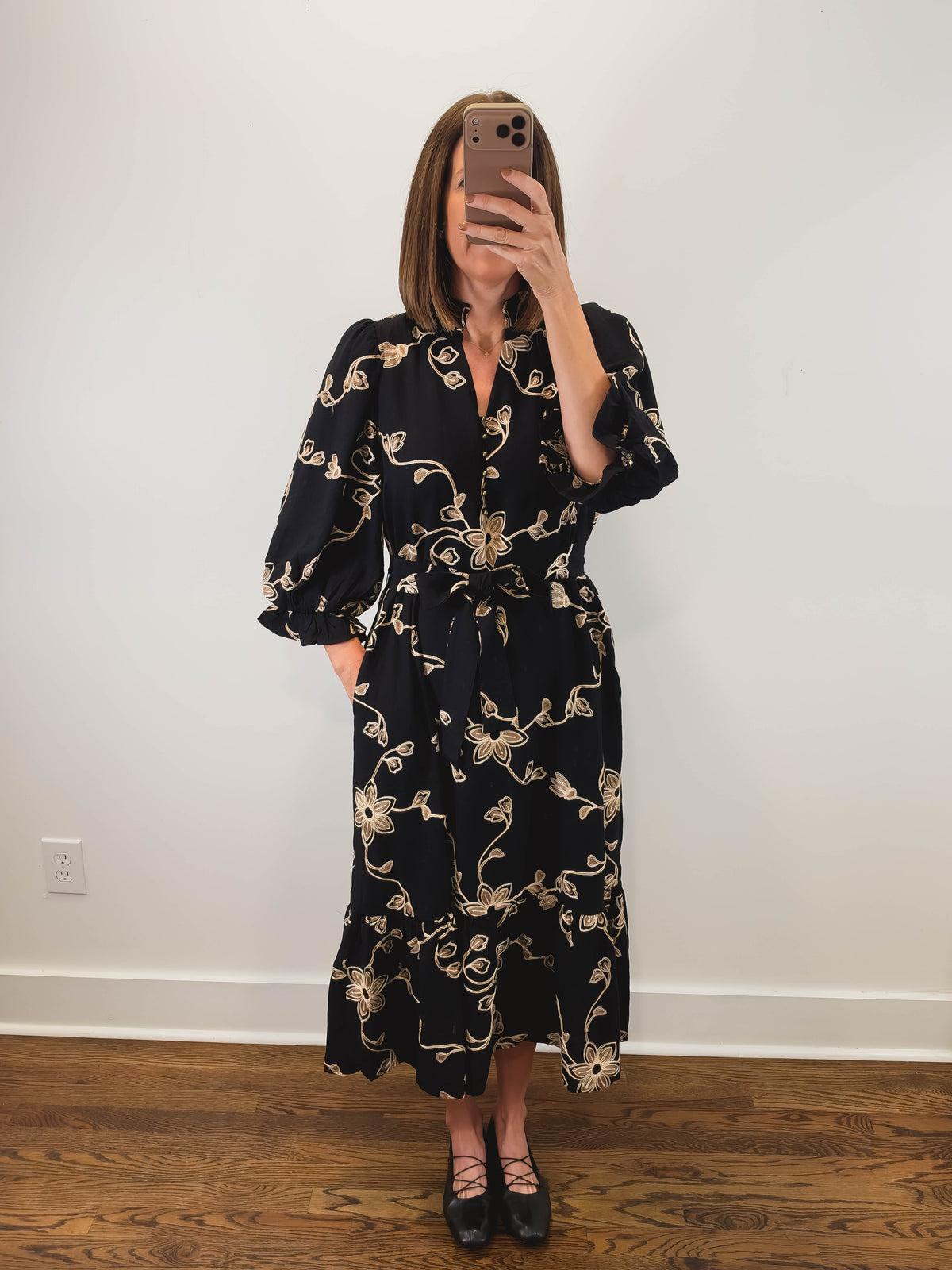 The Gilded Vine Dress | Black Embroidered Midi Dress