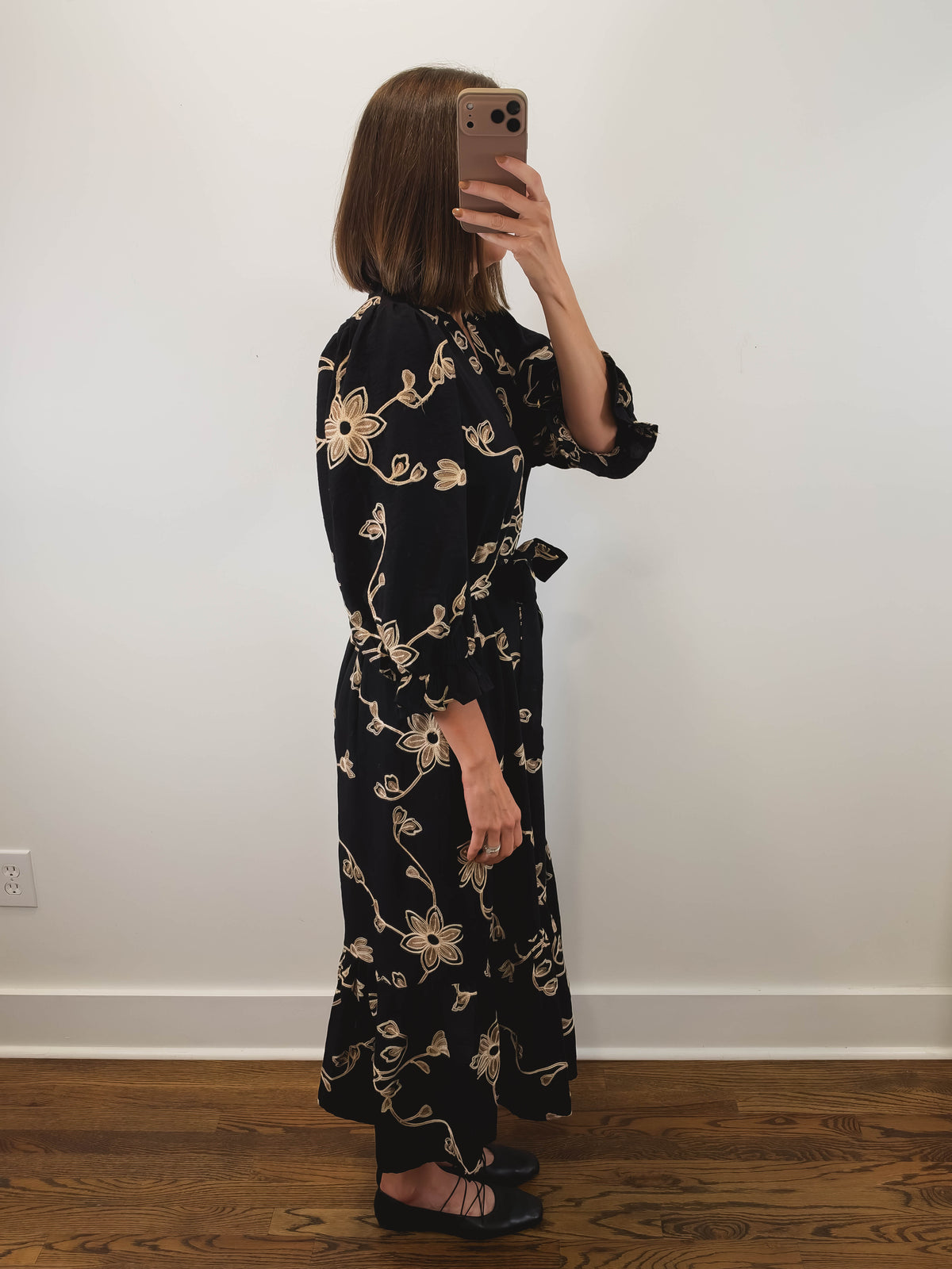 The Gilded Vine Dress | Black Embroidered Midi Dress