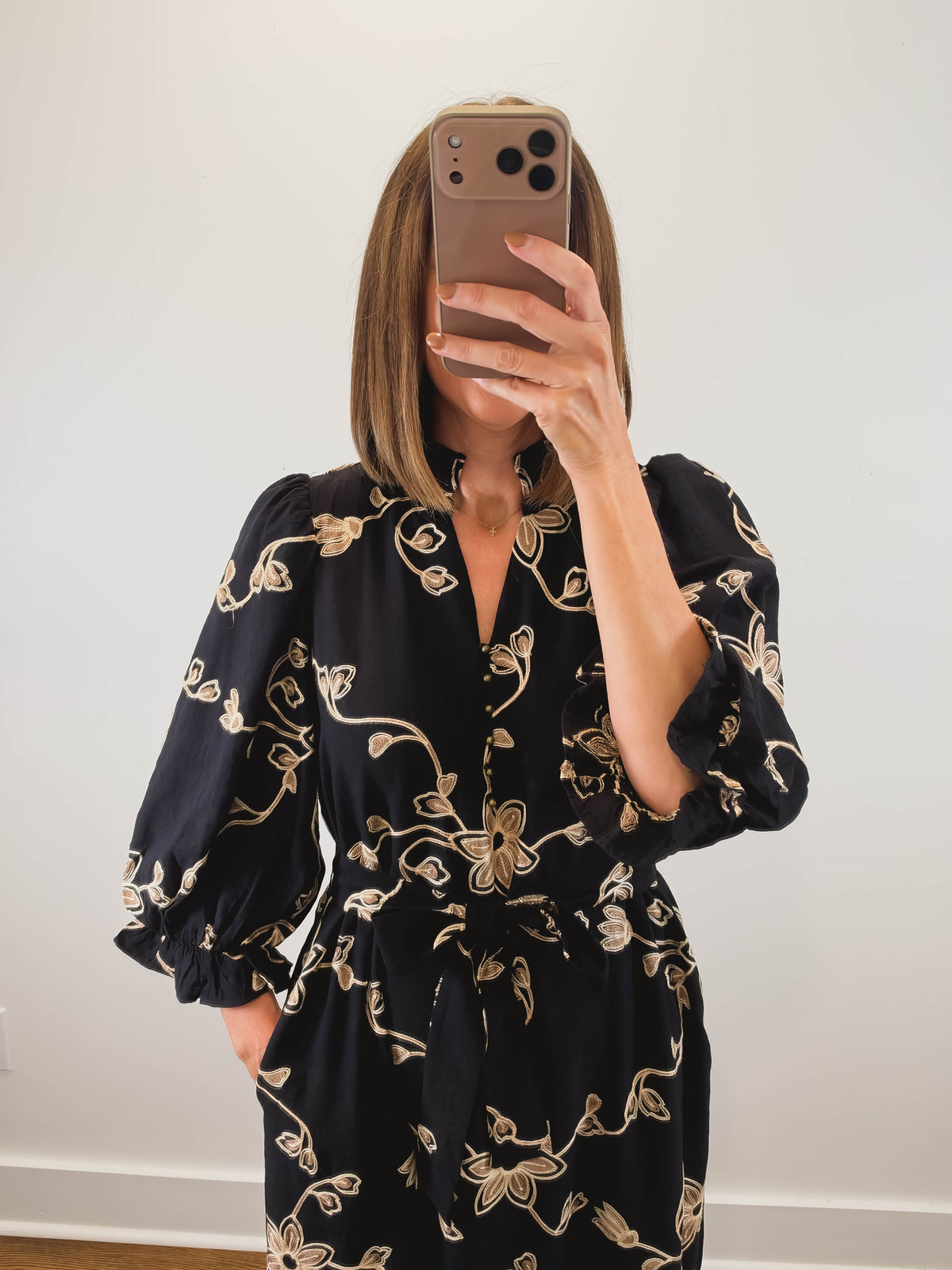 The Gilded Vine Dress | Black Embroidered Midi Dress