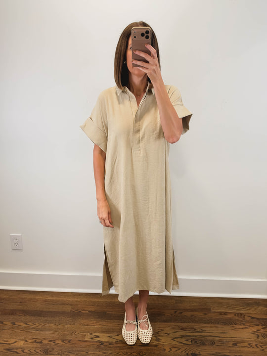 The Driftwood Dress | Taupe Collared Midi Shirt Dress