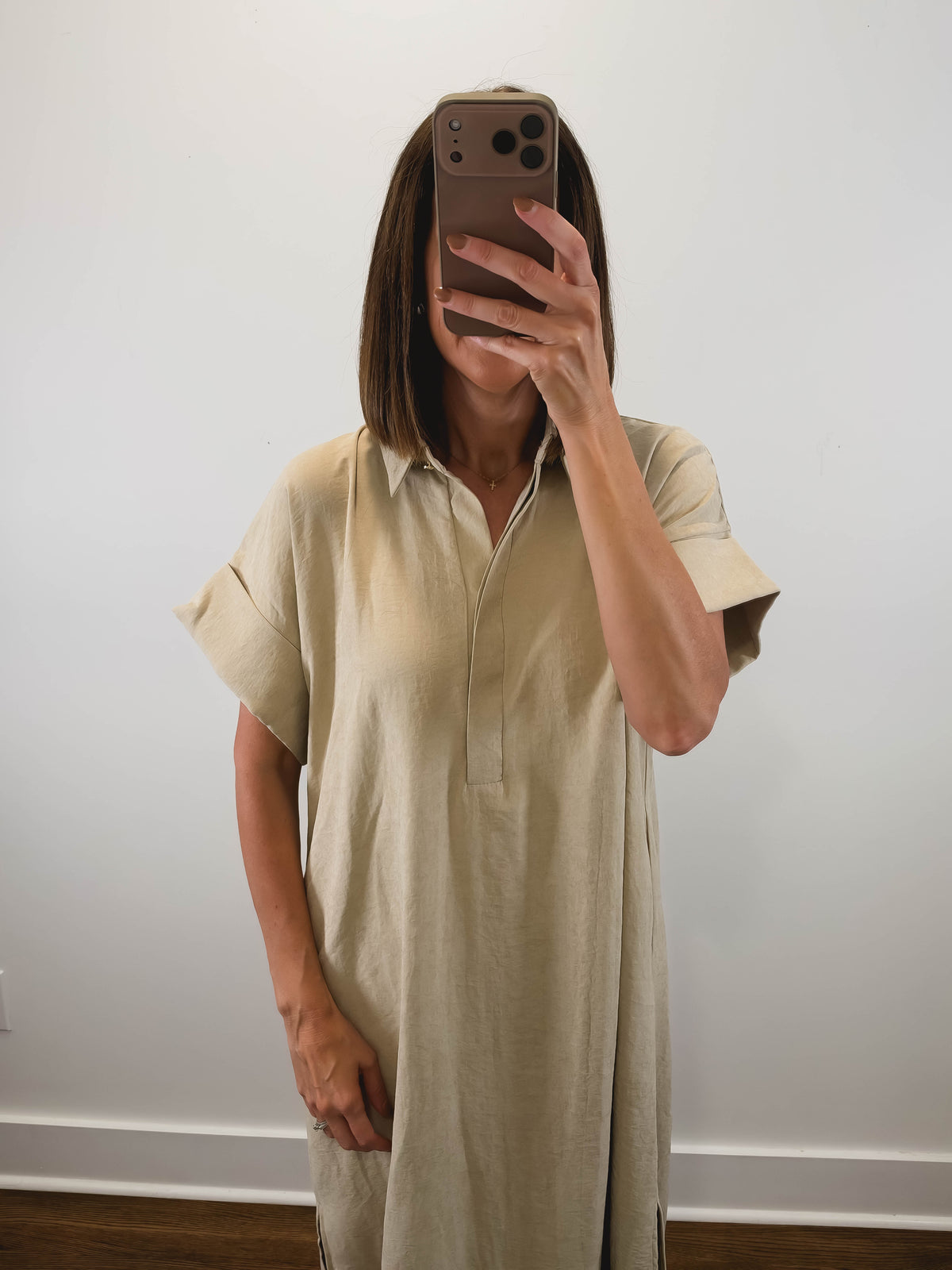 The Driftwood Dress | Taupe Collared Midi Shirt Dress