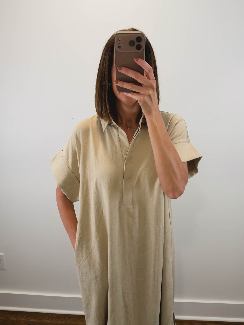The Driftwood Dress | Taupe Collared Midi Shirt Dress