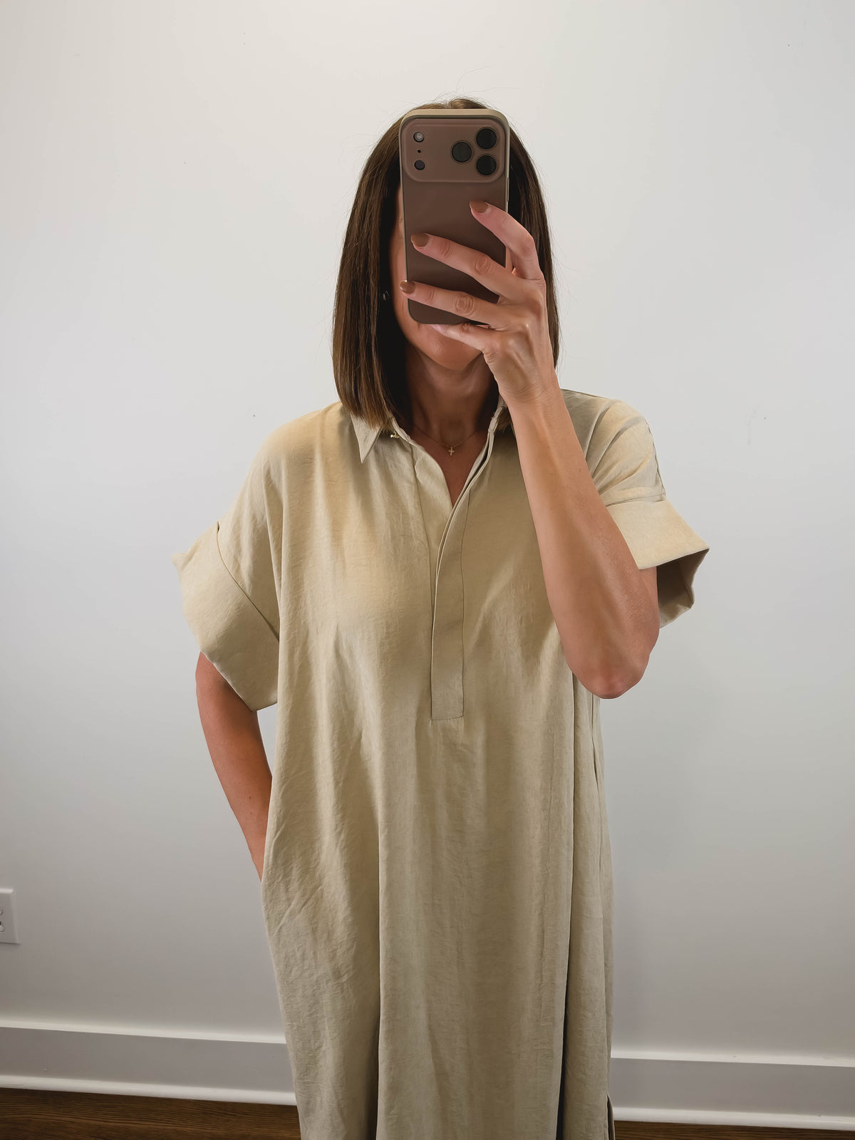 The Driftwood Dress | Taupe Collared Midi Shirt Dress