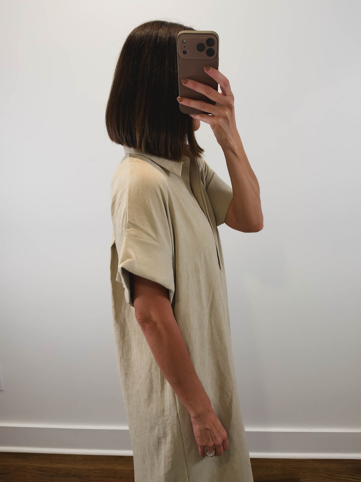 The Driftwood Dress | Taupe Collared Midi Shirt Dress
