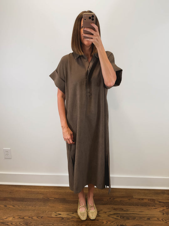 The Driftwood Dress | Brown Collared Midi Shirt Dress
