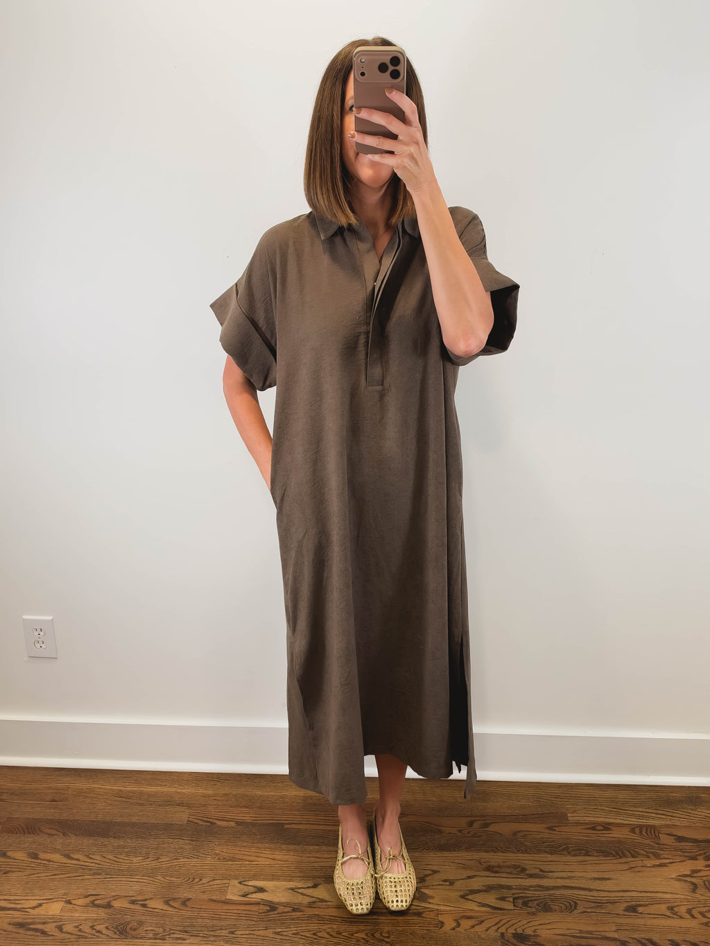The Driftwood Dress | Brown Collared Midi Shirt Dress