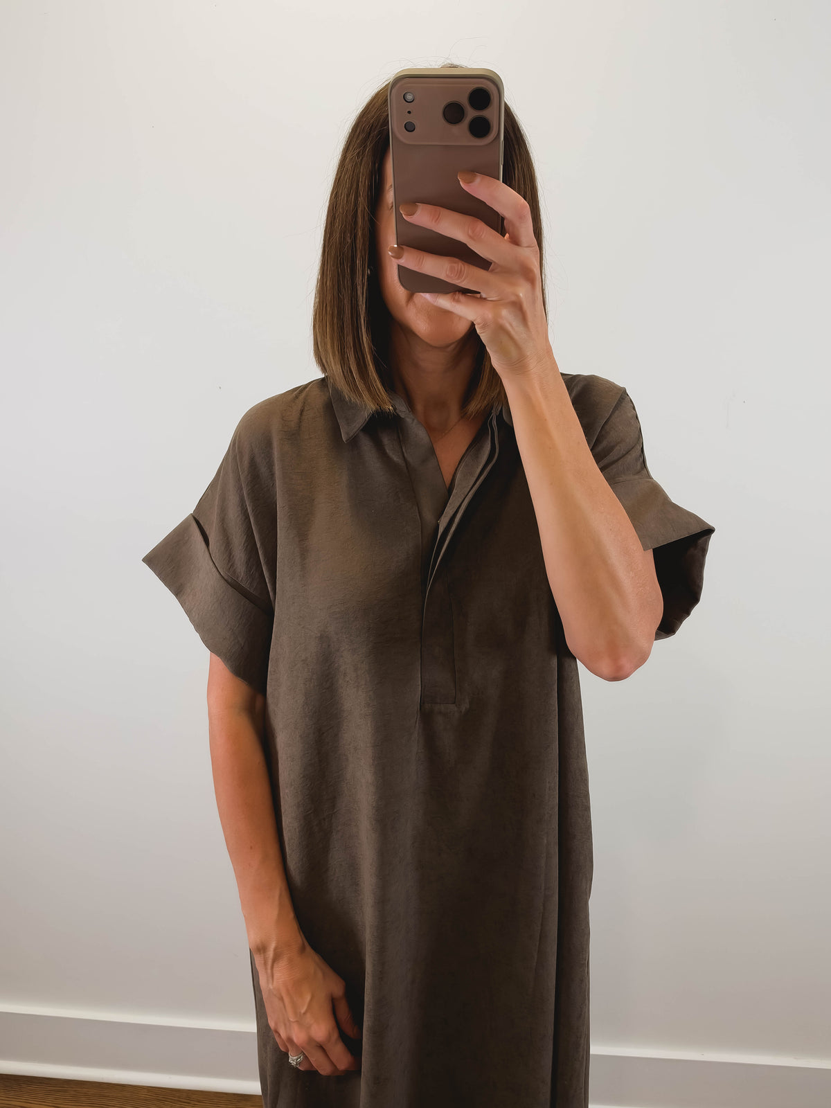 The Driftwood Dress | Brown Collared Midi Shirt Dress