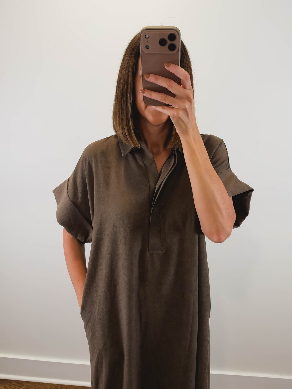 The Driftwood Dress | Brown Collared Midi Shirt Dress
