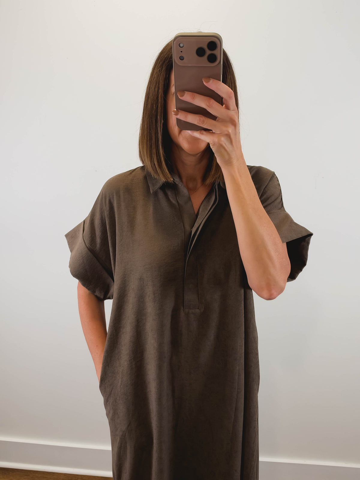 The Driftwood Dress | Brown Collared Midi Shirt Dress