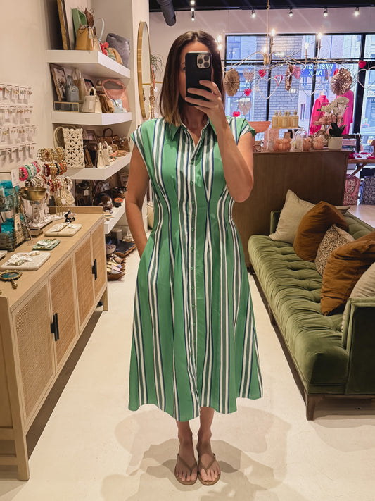 Green Striped Cap Sleeve Midi Dress