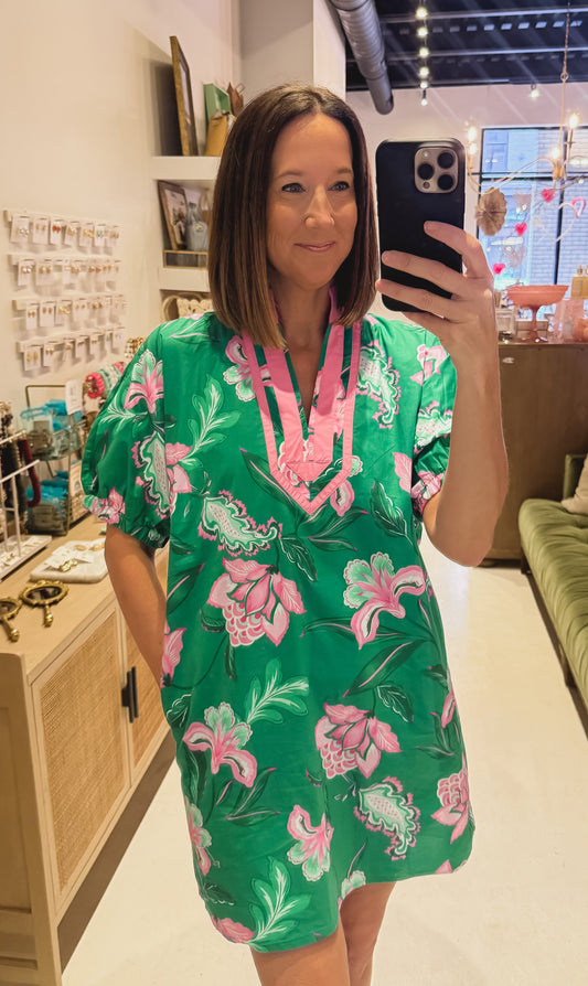 Green and Pink Floral Short Dress