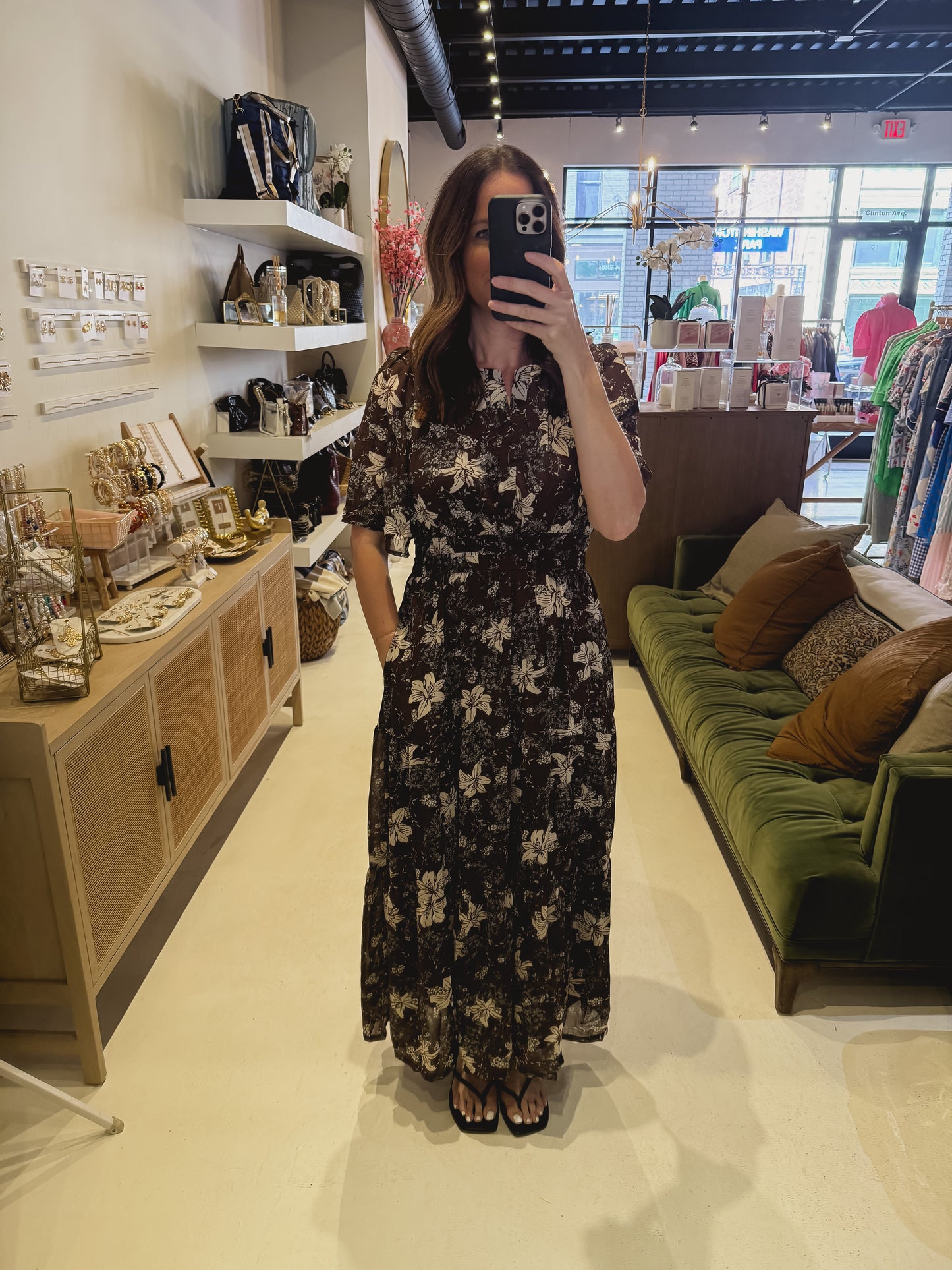 Deep Brown Floral Dress Long