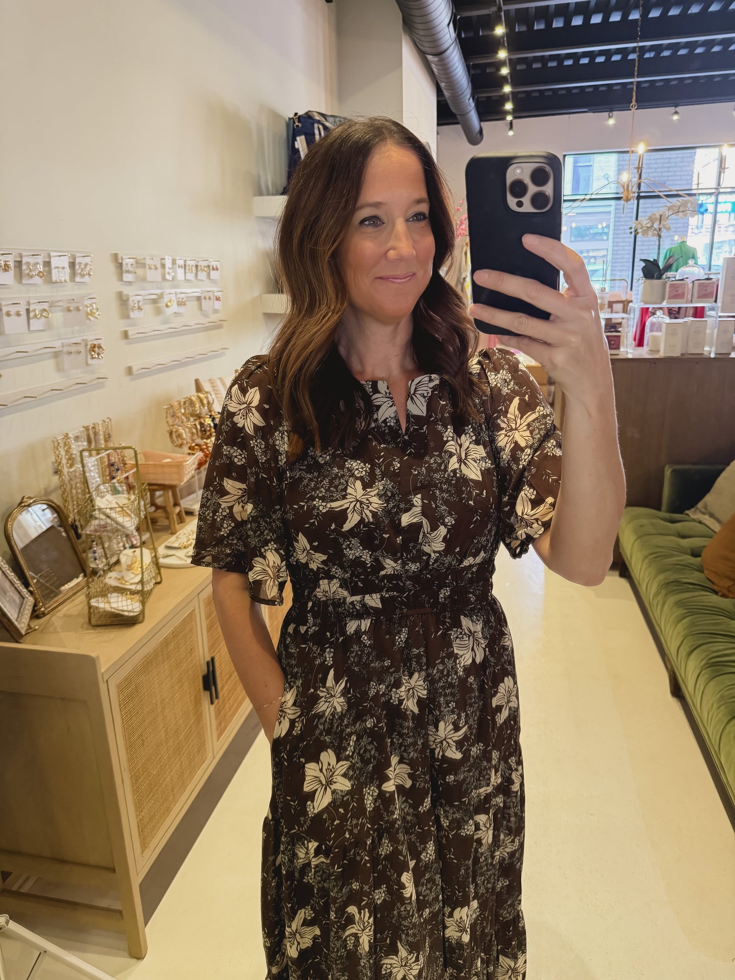 Deep Brown Floral Dress Long