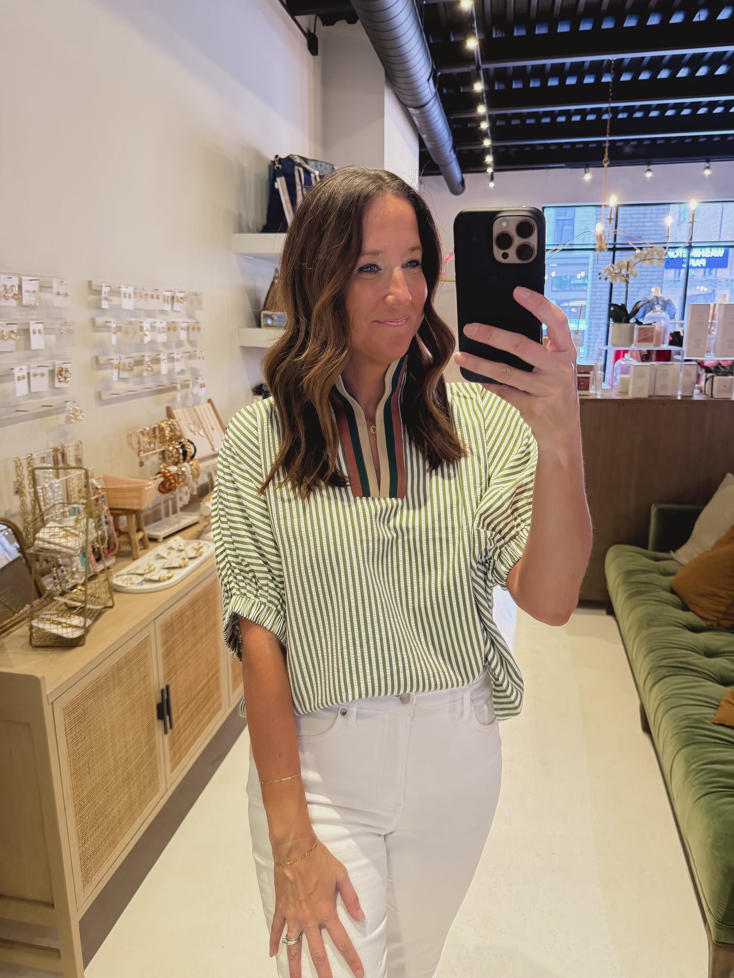 The Goldline Stripe Top in Green and White