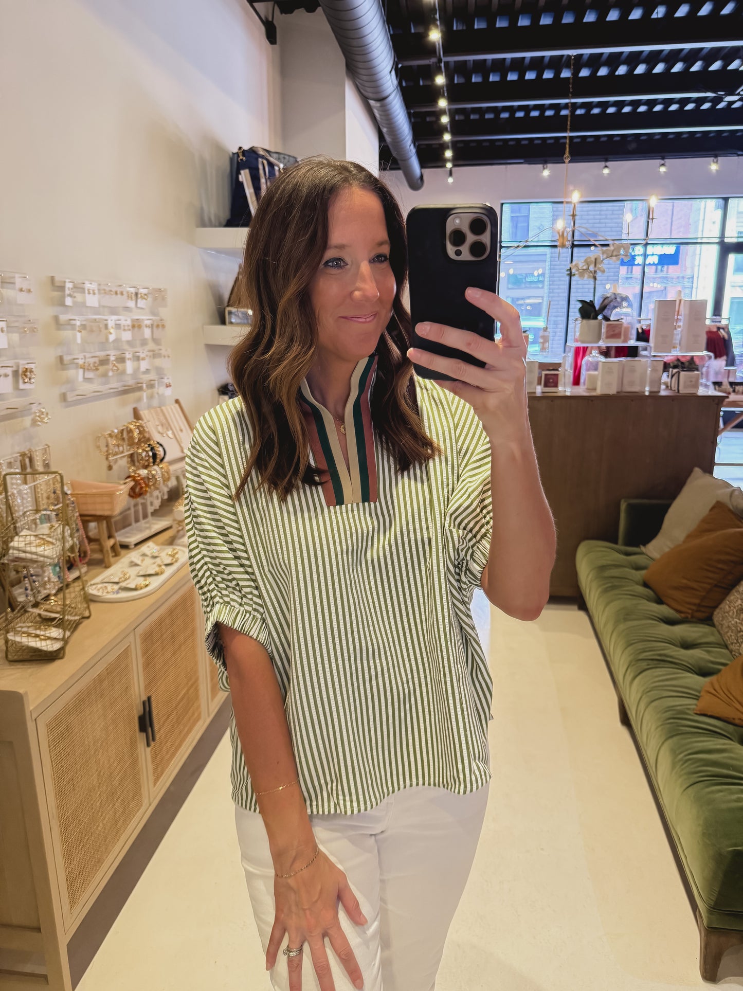 The Goldline Stripe Top in Green and White