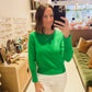 The Kelly Green Gold Button Sleeve Top