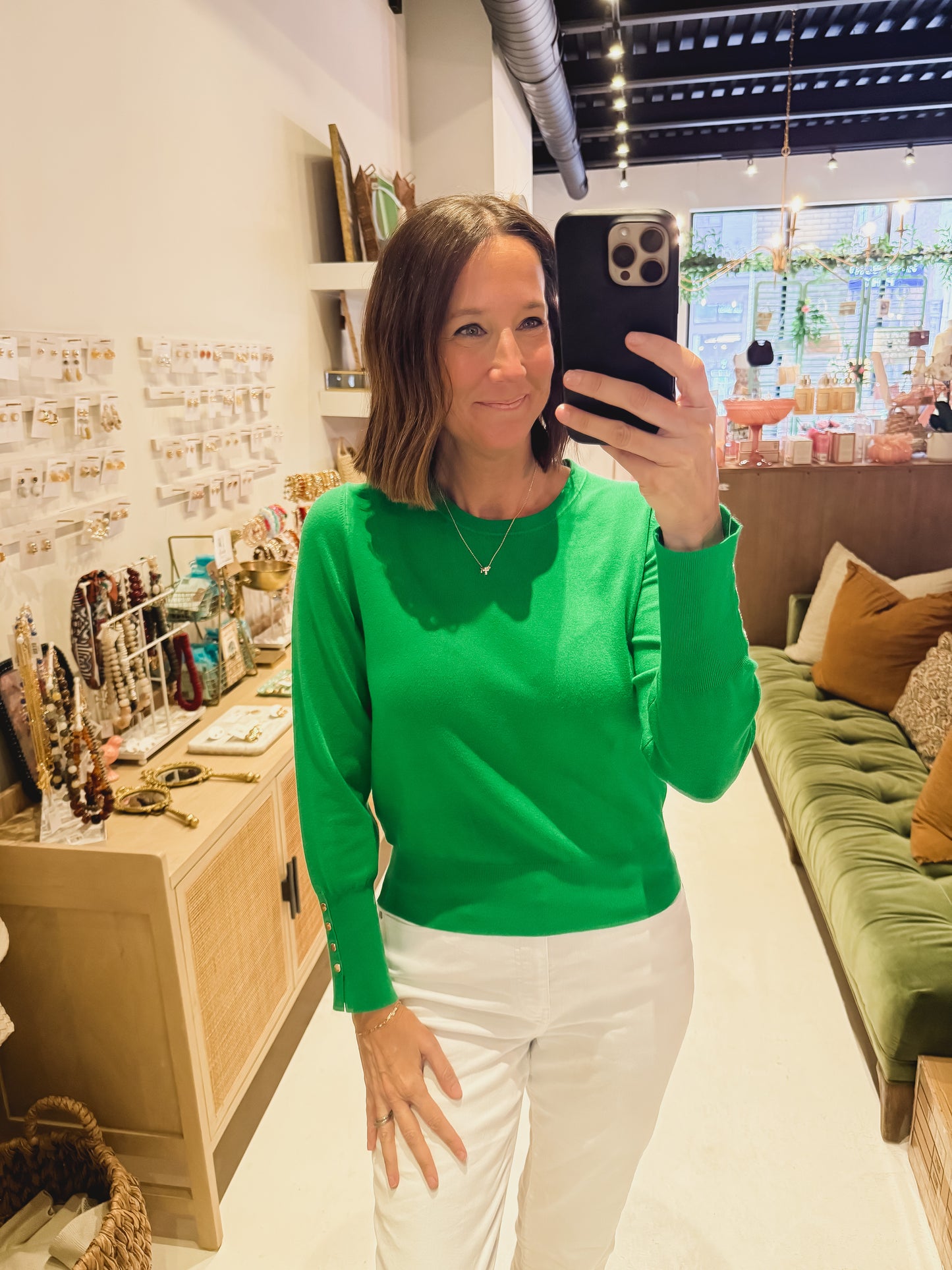 The Kelly Green Gold Button Sleeve Top