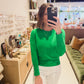 The Kelly Green Gold Button Sleeve Top