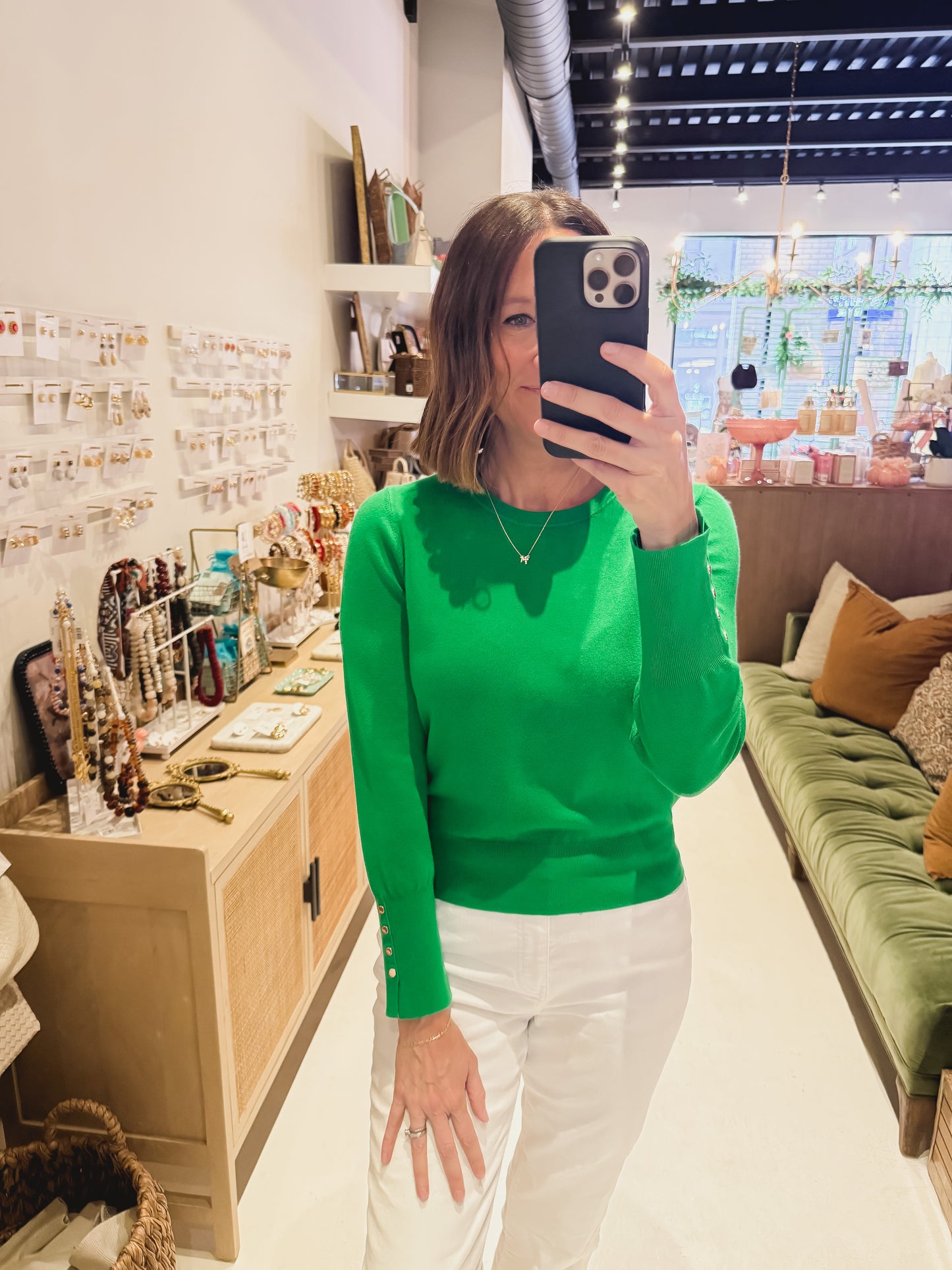 The Kelly Green Gold Button Sleeve Top