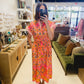 The Pink and Orange Floral Belted Midi Dress