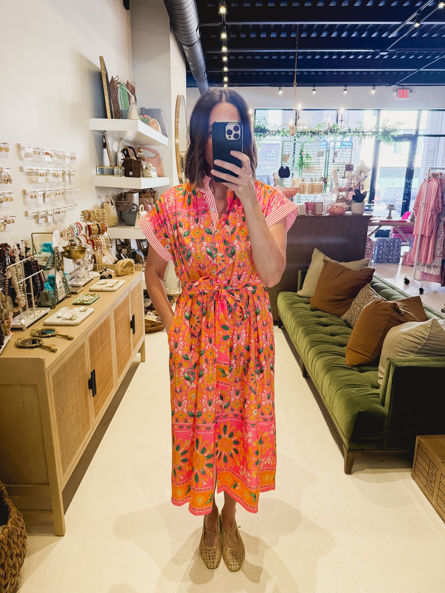 The Pink and Orange Floral Belted Midi Dress